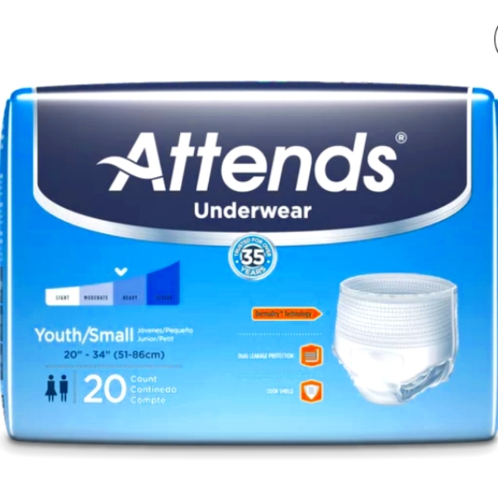 4 Packs of 20 Attends Advanced Disposable Pull On Underwear Sz Youth/Small